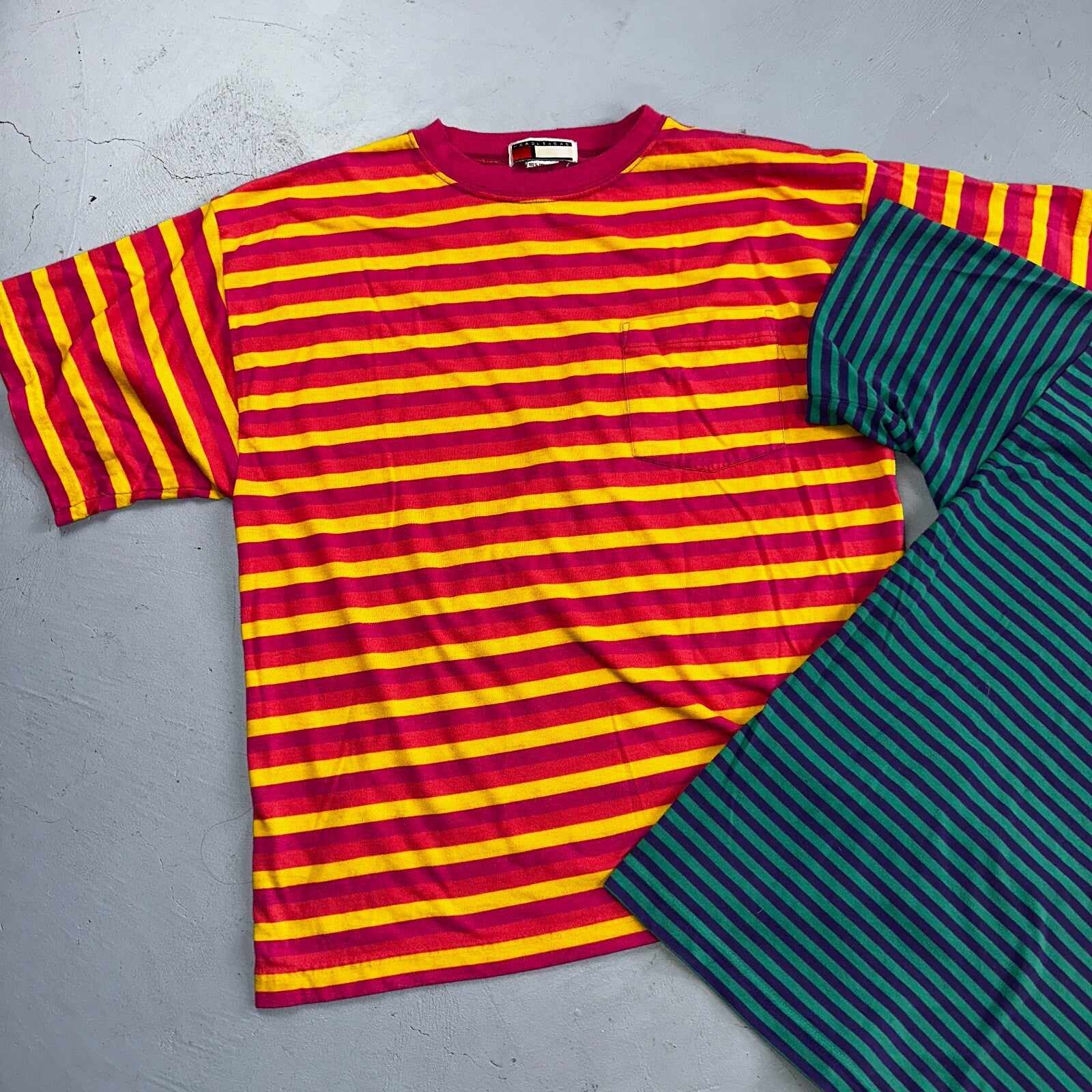 Striped Lot of 2 Headliners VTG T Shirt 90s Green Blue Pink Yellow Fun Large