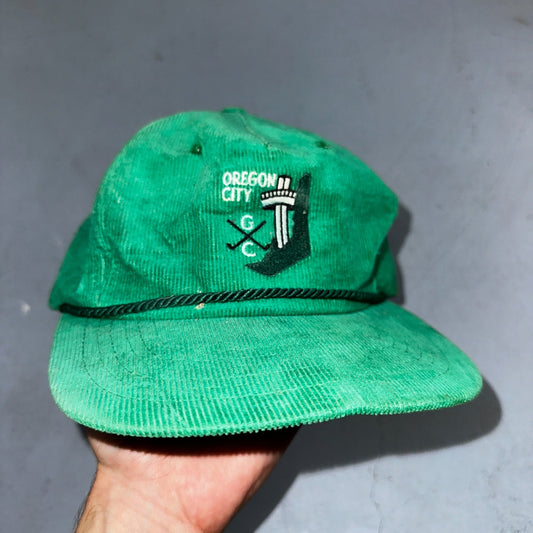 Vintage Oregon City Golf Course Hat Texace USA Green Corduroy Rope Cap 70s PDX