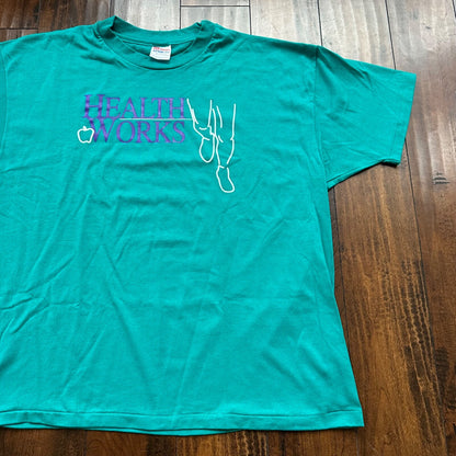 Health Works Gym Single Stitch XXL Vintage T Shirt Apple Big Cool Green Hanes