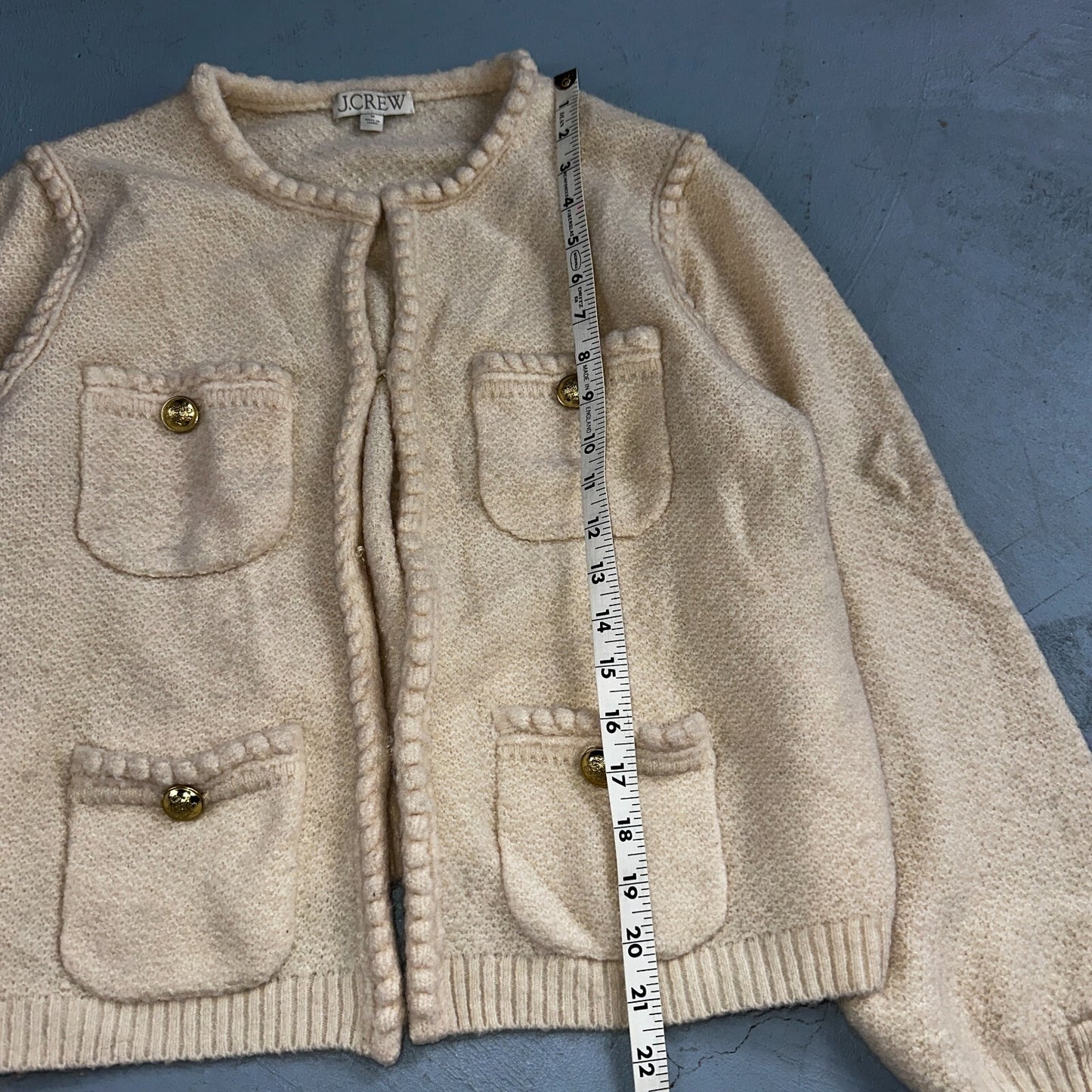 J. Crew Odette Lady Sweater Ivory Boucle Knit Gold Button Cardigan Jacket M