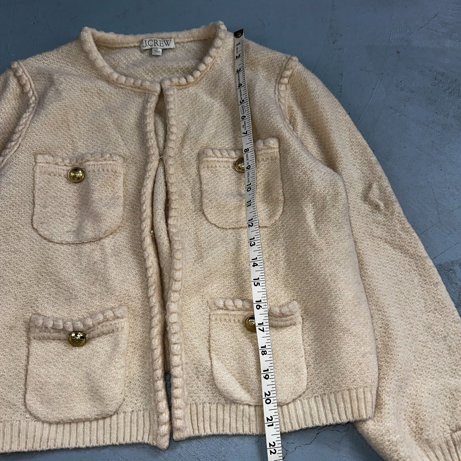 J. Crew Odette Lady Sweater Ivory Boucle Knit Gold Button Cardigan Jacket M