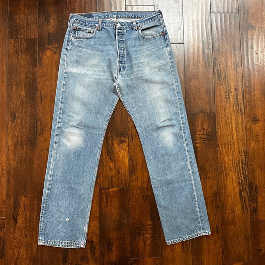 VTG 90s Levis 501 Button Fly 38x36 USA Tag Jeans Straight Wash Blue XX Act 35x32