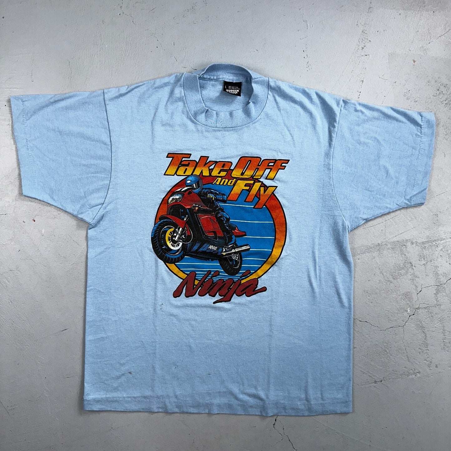 Motorcycle Ninja 80s VTG T Shirt Single Stitch Take Off Fly Movie Promo Graphic