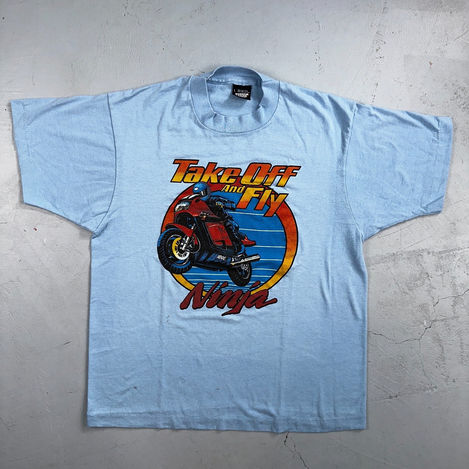 Motorcycle Ninja 80s VTG T Shirt Single Stitch Take Off Fly Movie Promo Graphic