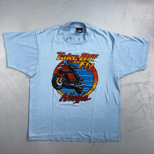 Motorcycle Ninja 80s VTG T Shirt Single Stitch Take Off Fly Movie Promo Graphic