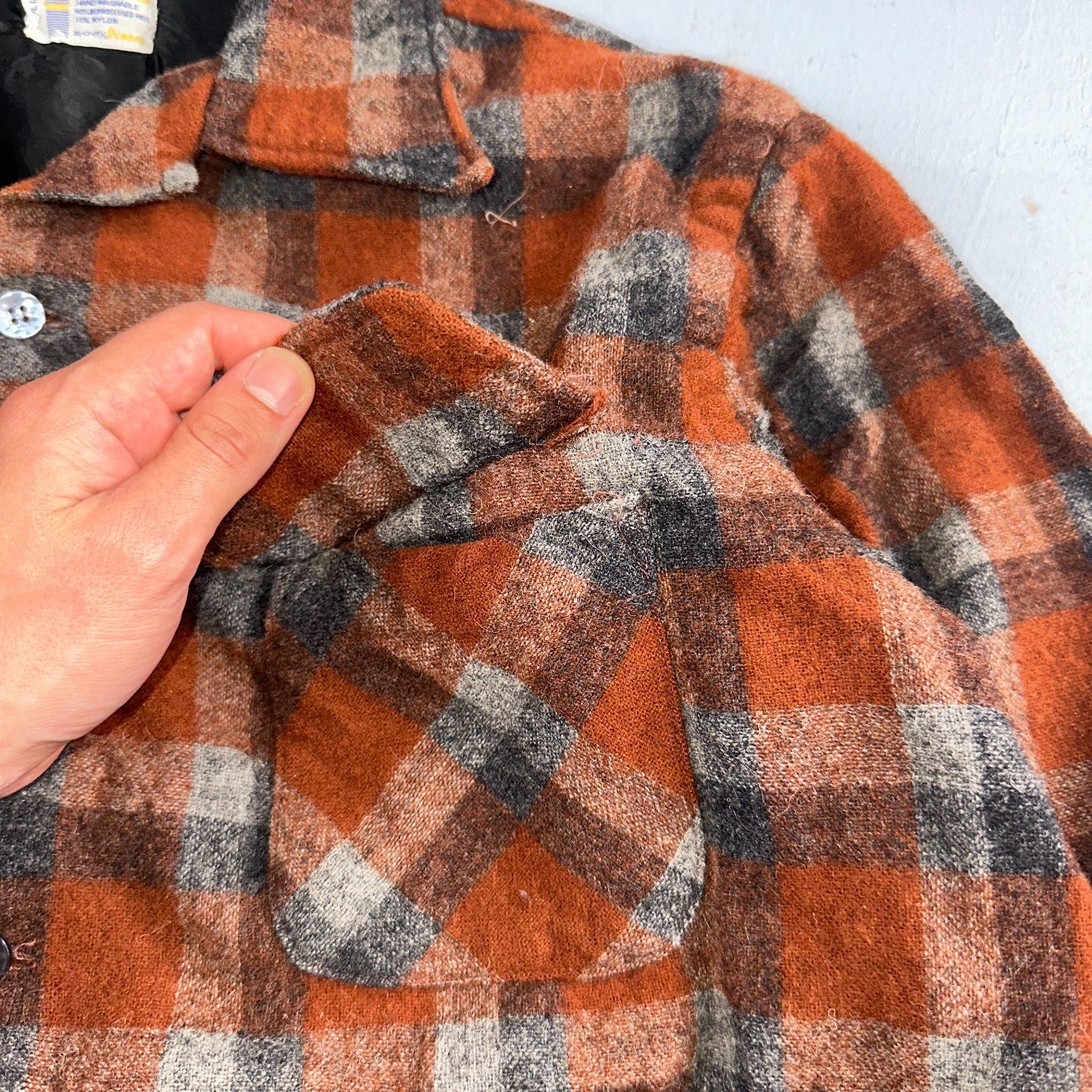 Vintage 60s 70s Towncraft Wool Flannel Blend Button Up Shirt Penneys XL Orange