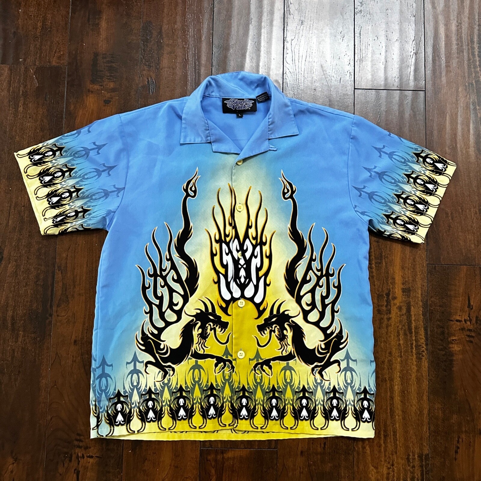 VTG Y2K Silver Point Blue Tribal Button Down Shirt Size L 1980s Ricky Trailer