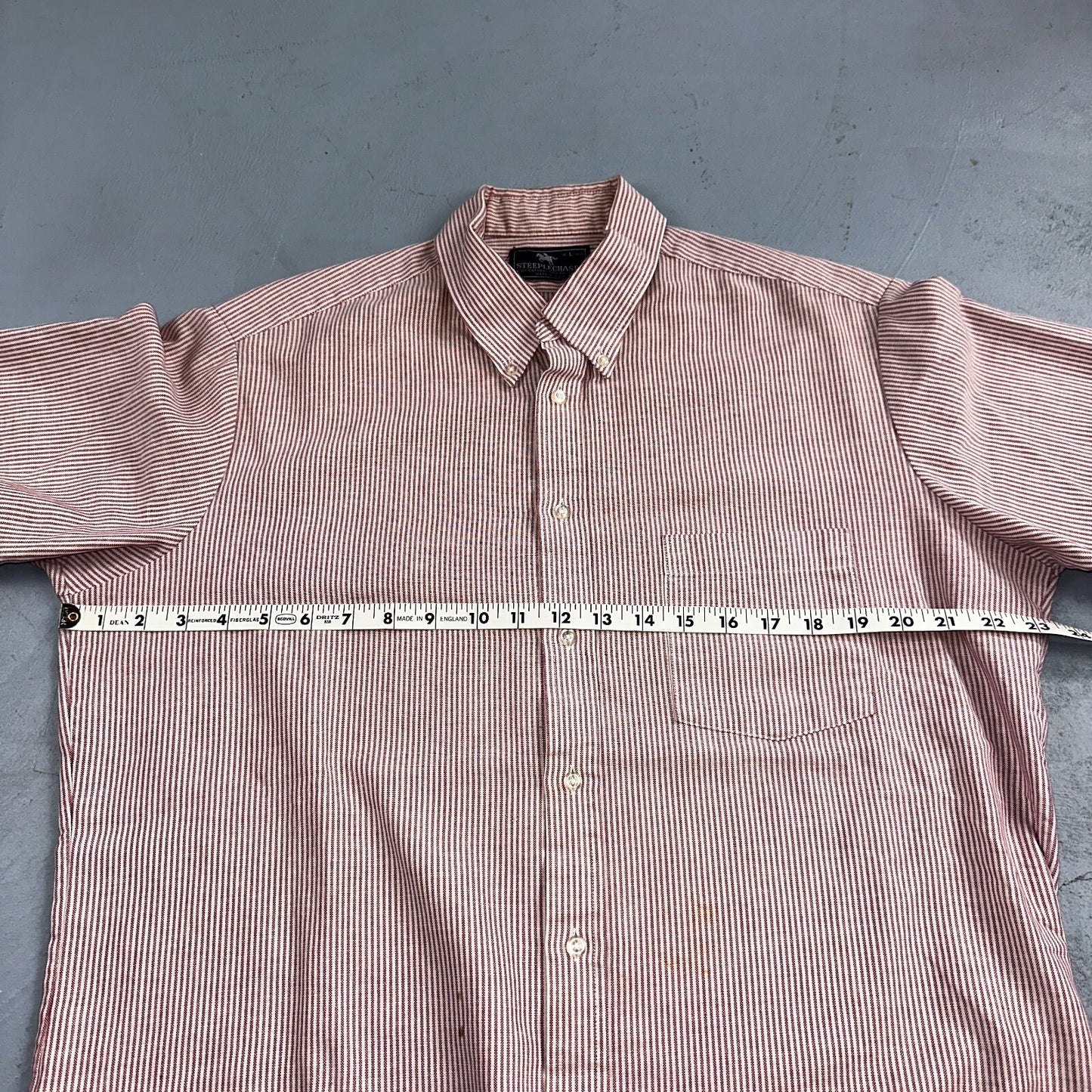 Steeple Chase Button Up Shirt Mens Large Short Sleeve Stripe Made In USA Red