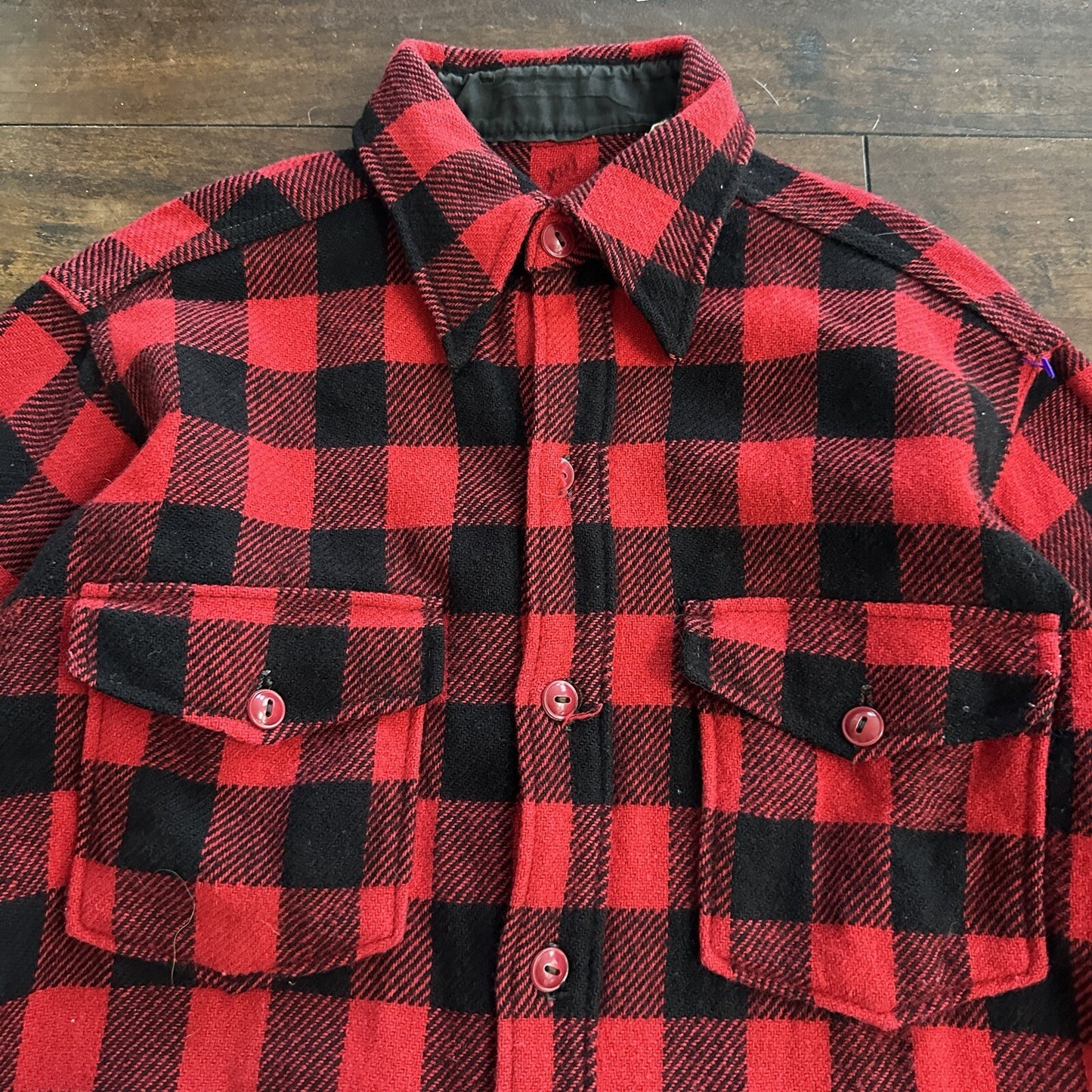 1950's vtg Buffalo Plaid Flannel L/S Jac Over Shirt Med Red Black 50s 60s Worn