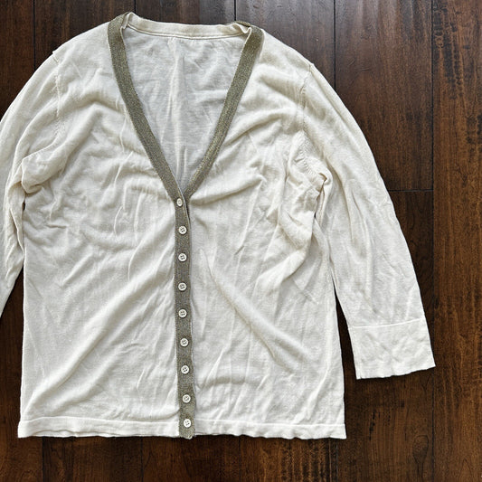Vintage 1970s Women's White Gold Cardigan Sweater Cute Accent Button Up 70s
