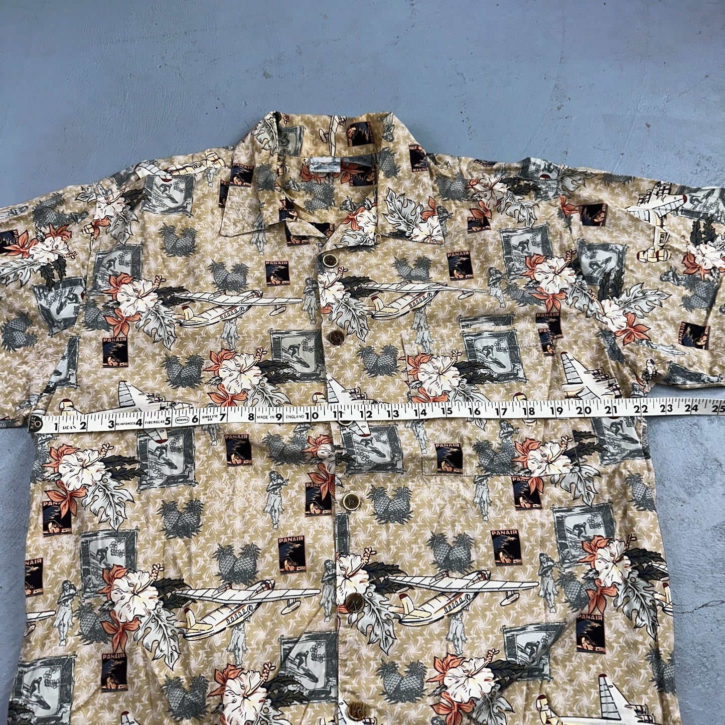 Vintage OP Ocean Pacific PANAIR Plane Hawaiian Men's Shirt Sz. M  Hula Girl