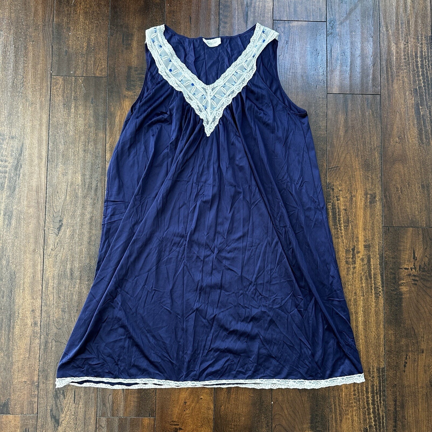 Vintage Vanity Fair Long Nightgown Sleep Womens Size L Blue Satin Sleeveless