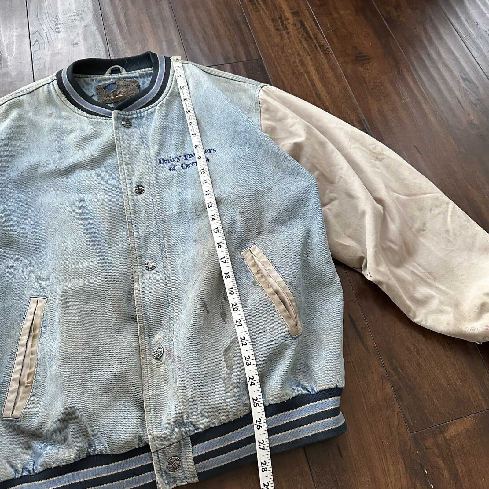 Vintage Oregon 90s Denim Varsity Jacket Bomber Salem Auto NASCAR Racing Thrashed