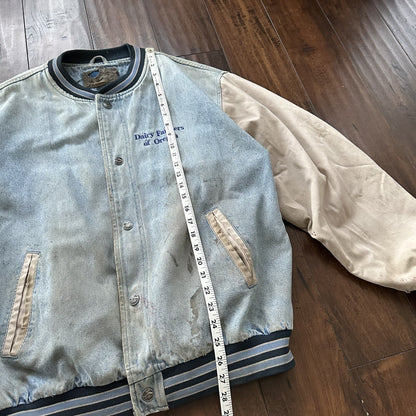 Vintage Oregon 90s Denim Varsity Jacket Bomber Salem Auto NASCAR Racing Thrashed