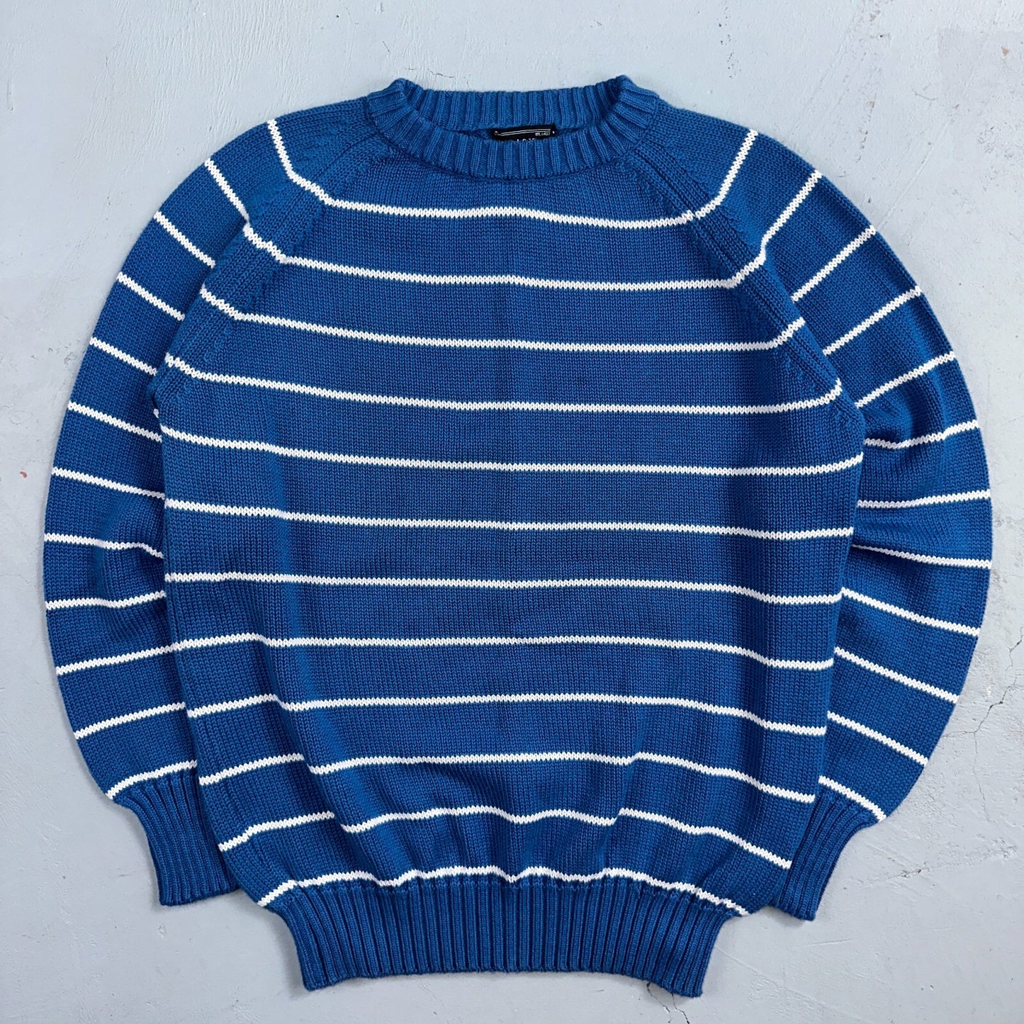 Vintage Preswick & Moore Cotton Blue Knit Crewneck Sweater Striped Chic