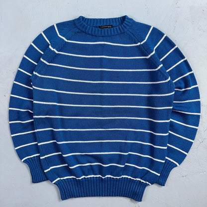 Vintage Preswick & Moore Cotton Blue Knit Crewneck Sweater Striped Chic
