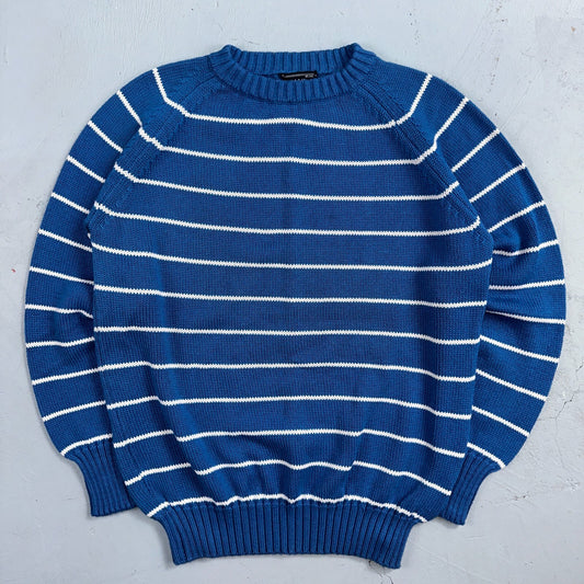 Vintage Preswick & Moore Cotton Blue Knit Crewneck Sweater Striped Chic