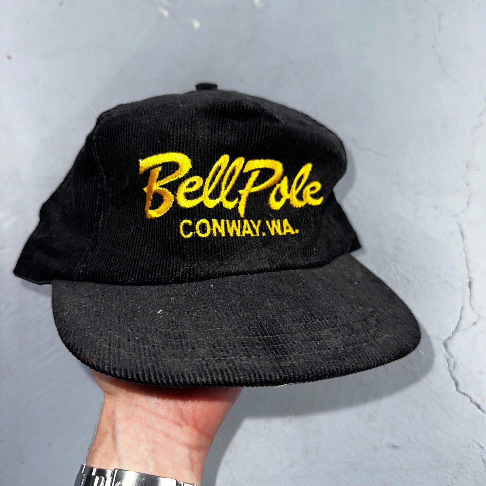 Conway Washington Bell Pole Corduroy VTG Hat Cap Snapback Black USA Hiking Truck