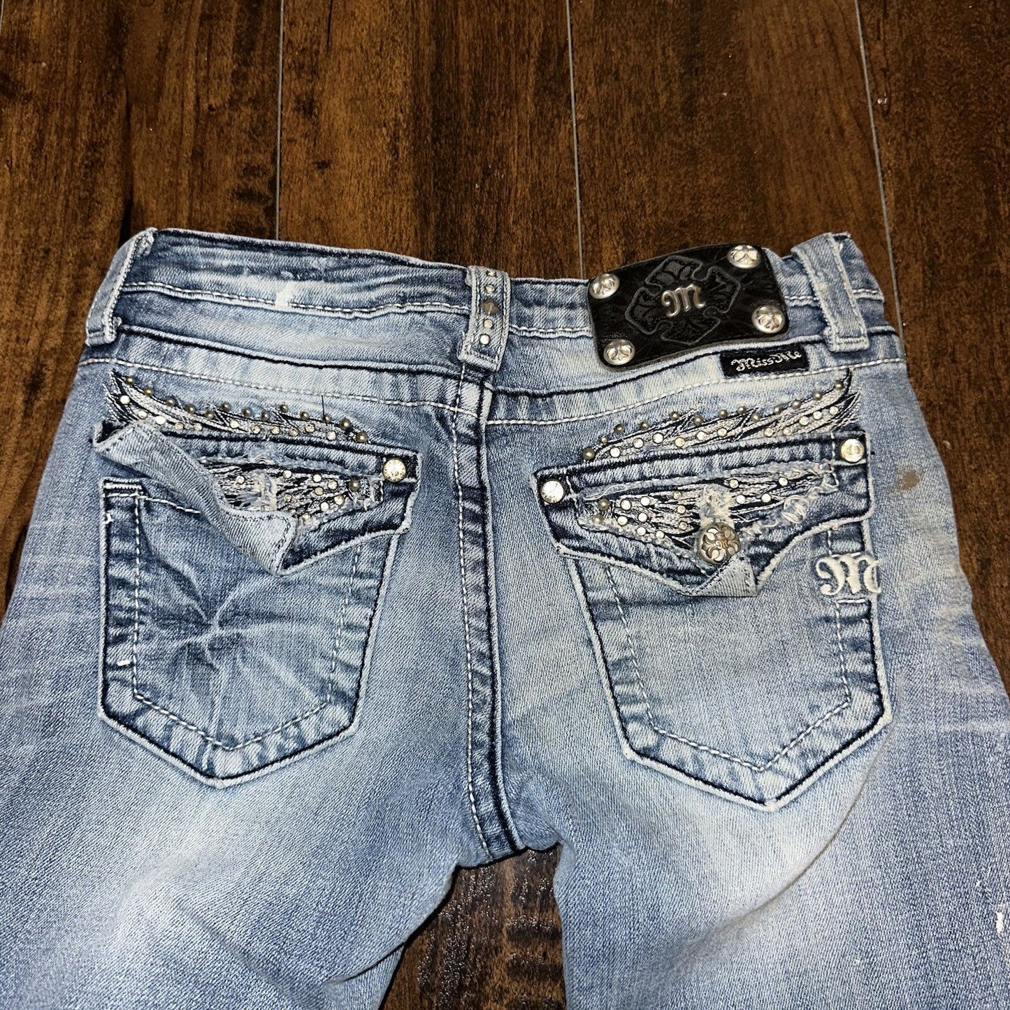 MISS ME RHINESTONE POCKET JE533OE2R EASY BOOT WOMEN'S JEANS 25 VTG PAINT Y2K