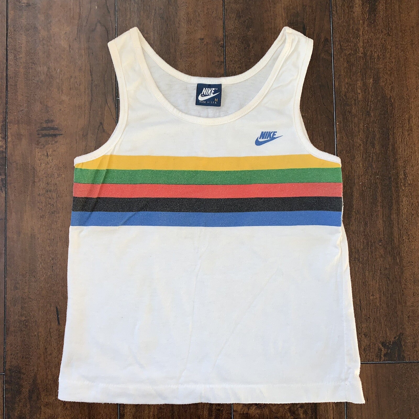 Nike 80s Olympic Vintage T Shirt Tee 1984 Blue Tag Rainbow Korea BOYS M Tank