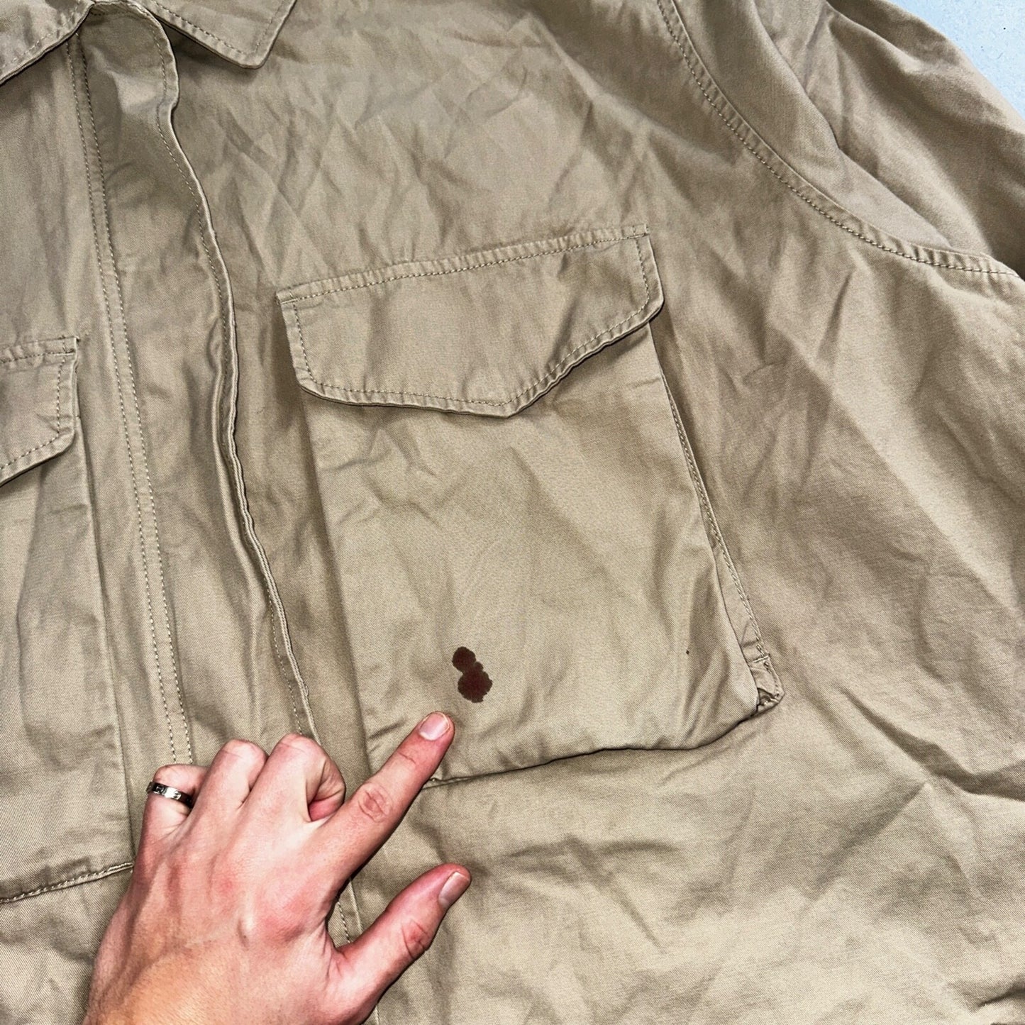 H&M Women’s Boxy Twill Jacket Beige Size XL Military Vintage Crop Style Stained