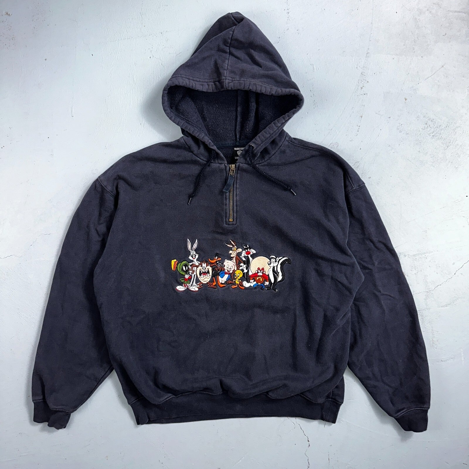 Vintage Warner Bros Studio Store Embroidered Looney Tunes Quarter Zip Hoodie M