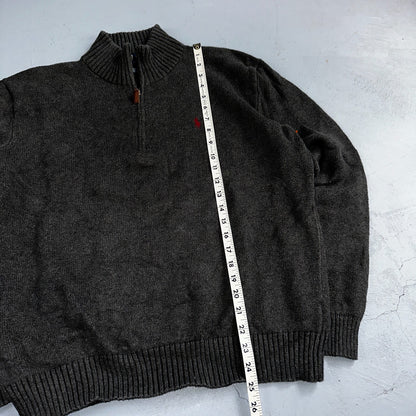 Polo Ralph Lauren Sweater VTG L Gray Cotton Long Sleeve Mock Neck Quarter Zip
