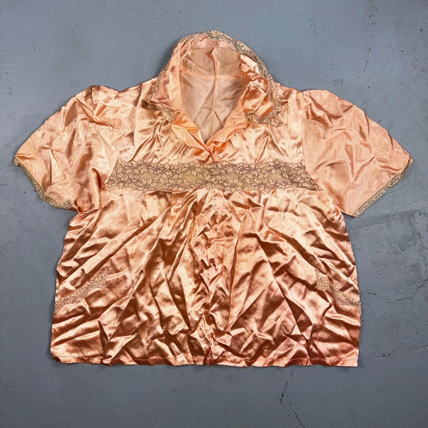 VTG Orange Pink 1970s Lingerie Slip Dress Sleepwear Full Sweep Crop Lace Shirt