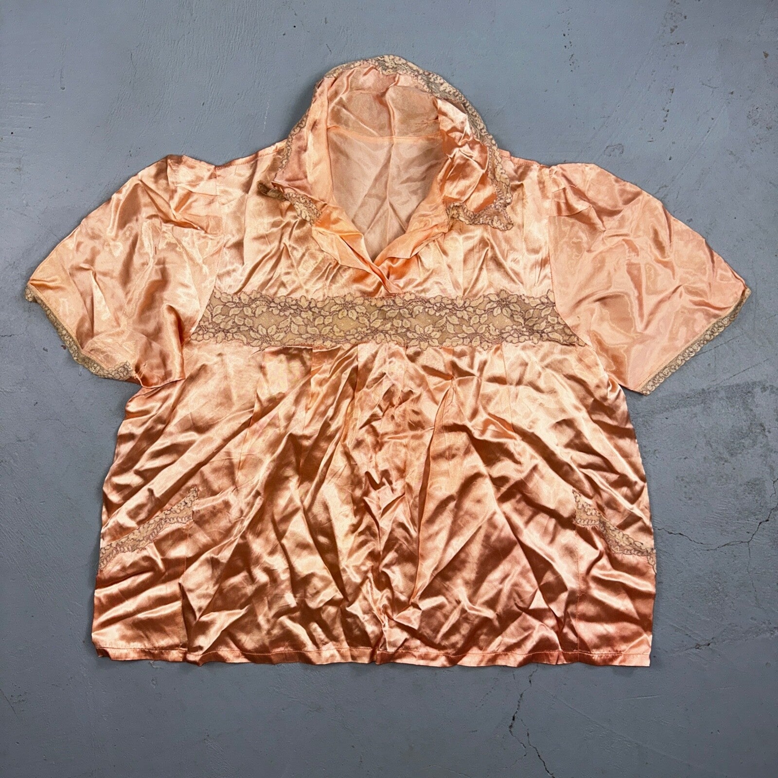 VTG Orange Pink 1970s Lingerie Slip Dress Sleepwear Full Sweep Crop Lace Shirt