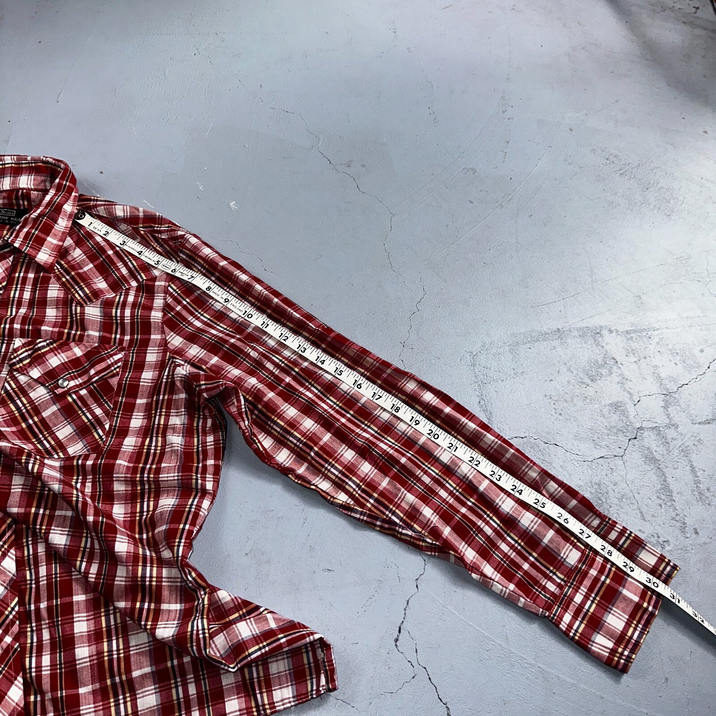 Sears VTG Western Wear L Plaid Ranch Rodeo Shirt Jacket Pearl Snap Red 16