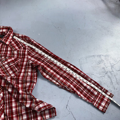 Sears VTG Western Wear L Plaid Ranch Rodeo Shirt Jacket Pearl Snap Red 16