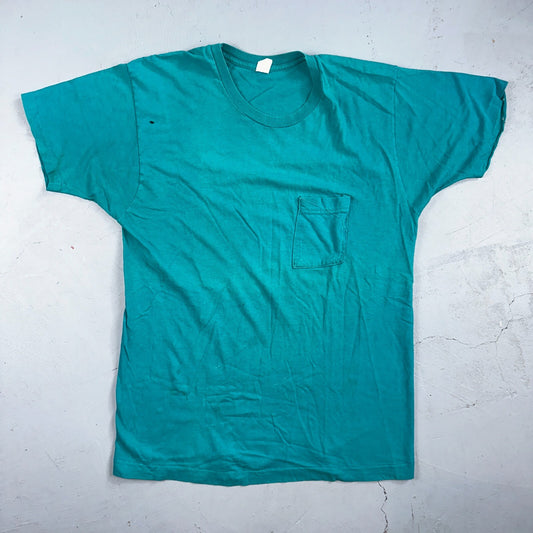 1960s Fruit Of The Loom VTG T Shirt Green Blue Thrashed Single Stitch 60s Blank