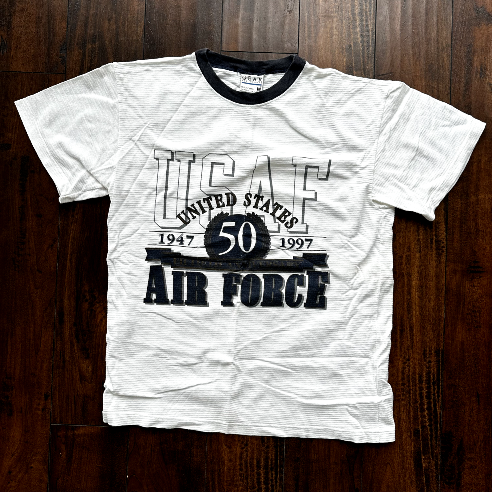 USA Air Force Vintage T Shirt 50th Anniversary Army Basic 90s Gray Striped