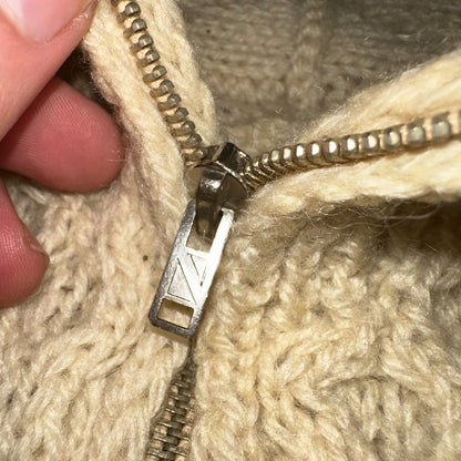 VTG Sweater Mens M Cream Cable Knit Ribbed Full Zip 1960s Rockabilly Ivory Rare