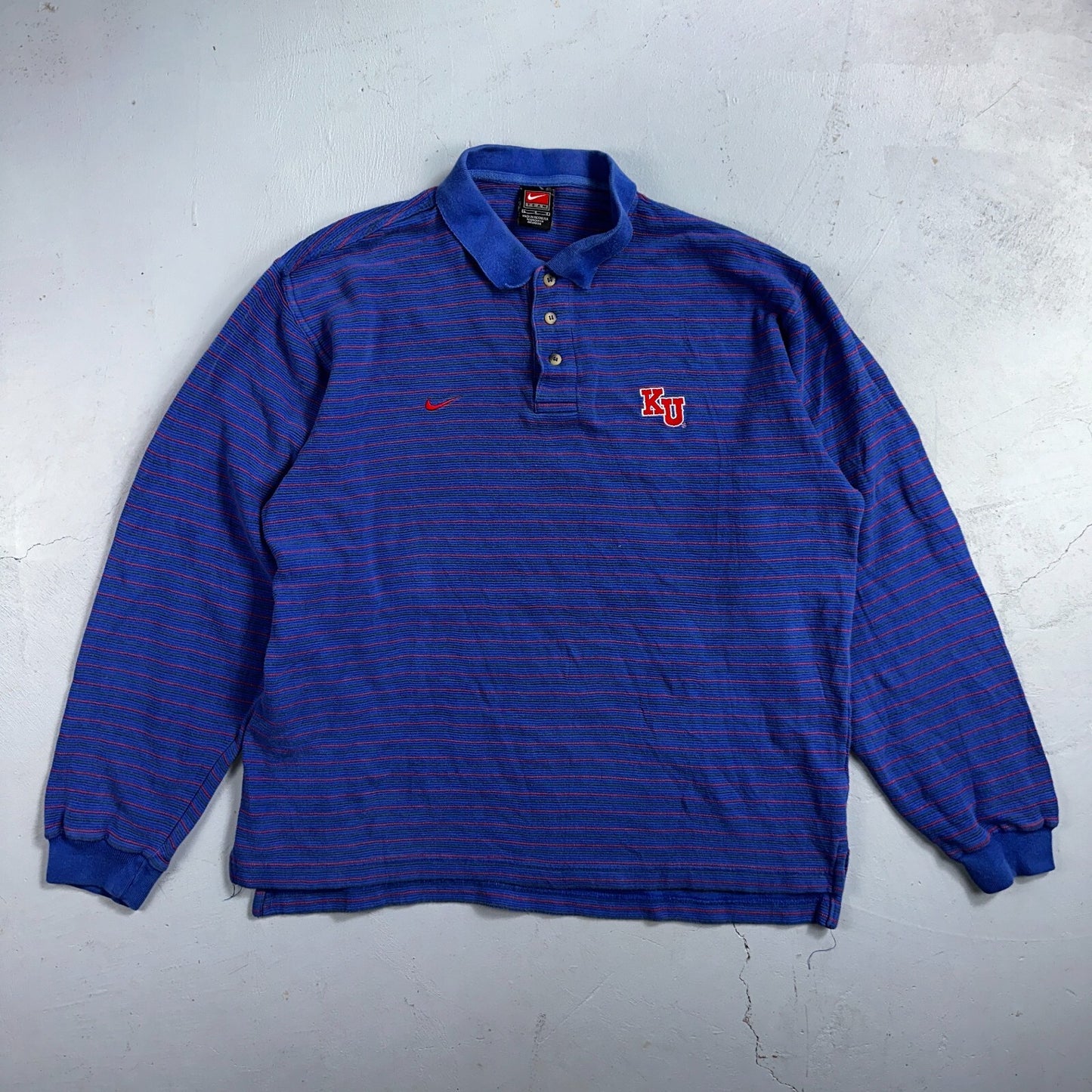 Nike VTG 90s Kansas University Polo T Shirt L Team Long Sleeve Striped Jayhawks
