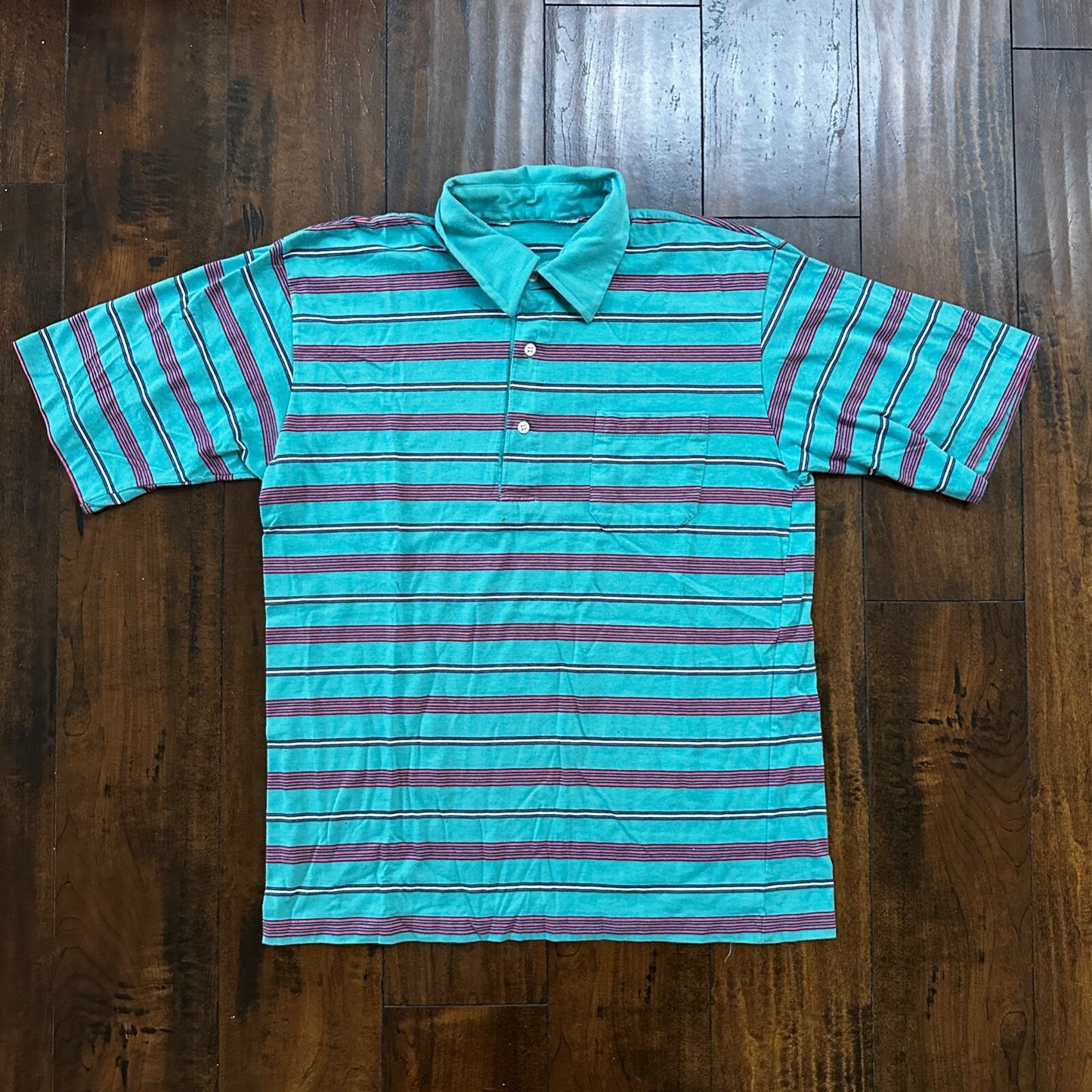 Teal Blue Pink Polo VTG T Shirt Single Stitch Basic 1980s 80s Preppy Vibe