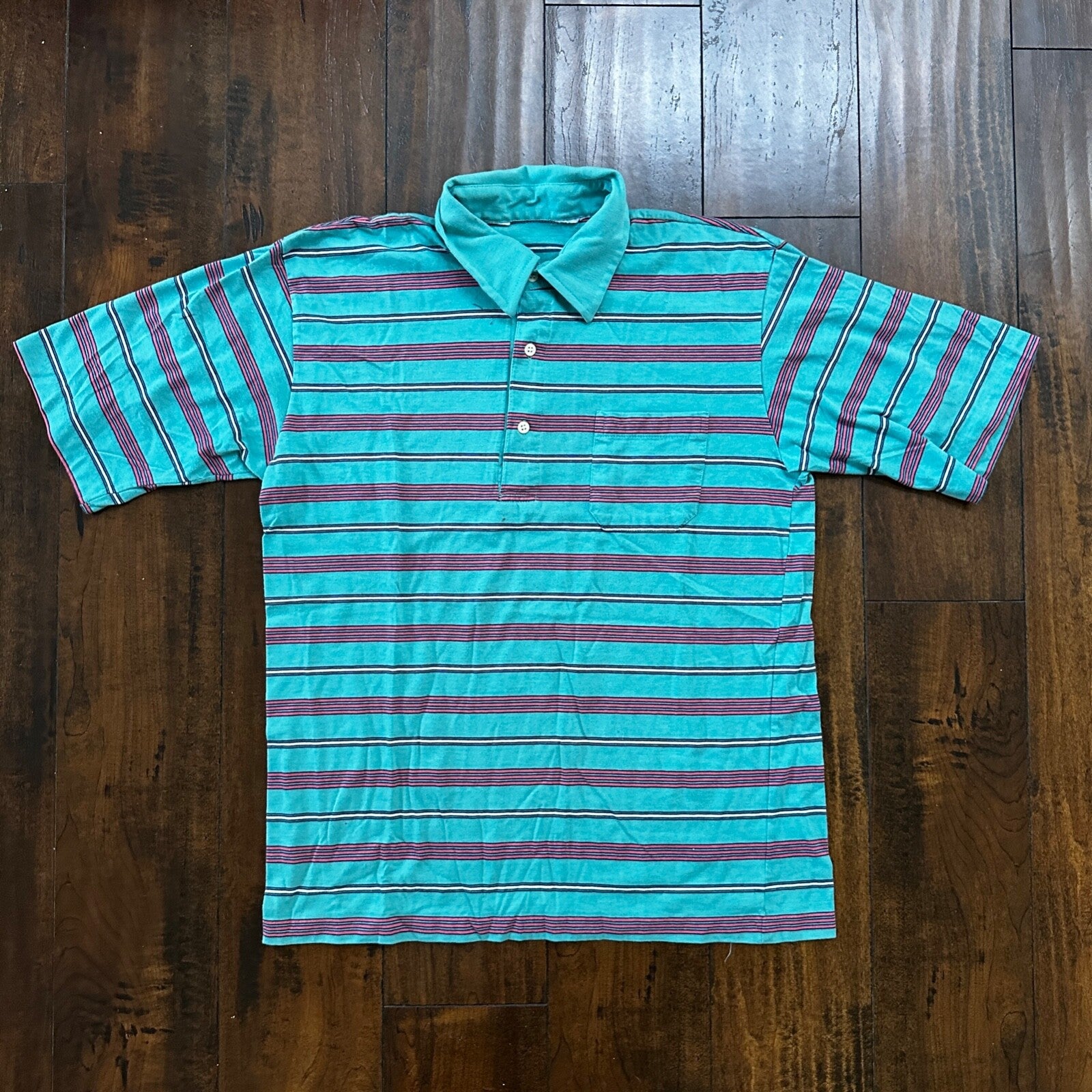 Teal Blue Pink Polo VTG T Shirt Single Stitch Basic 1980s 80s Preppy Vibe