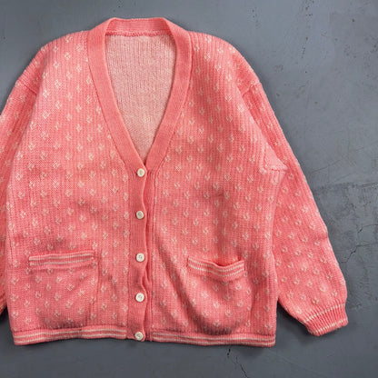 Vintage Pink Knit Sweater Cardigan Womens 70s 80s Basic Cozy Essential Winter