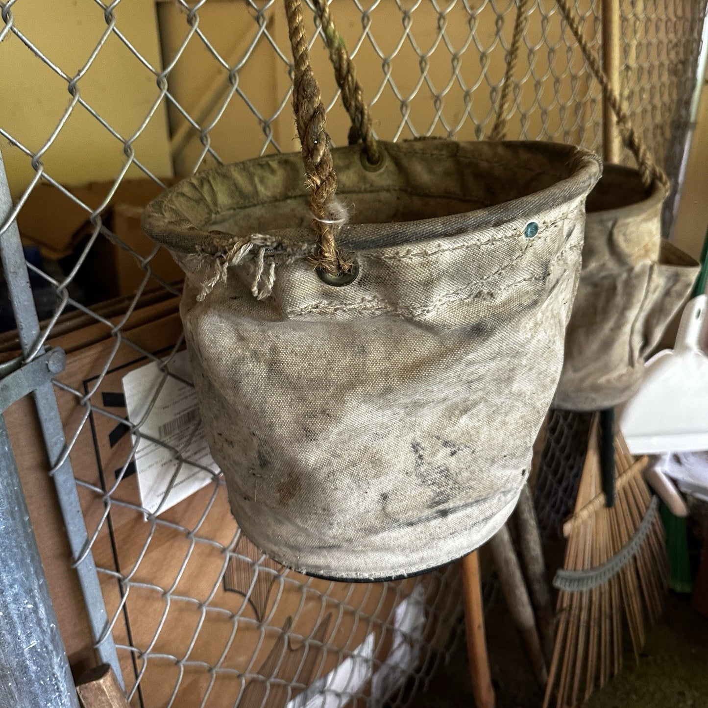 VTG Used Bell System Canvas Bucket Rope Lineman Tool Tote Barn Pulley Antique