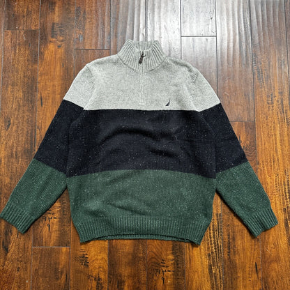 Nautica Men Wool 1/4 Zip Pullover Mock Neck Green Blue Grey Sweater M VTG
