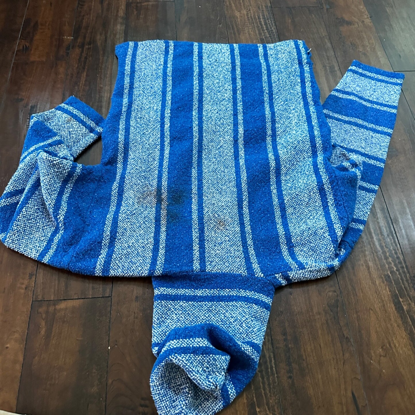 VTG Mexican Poncho Baja Hoodie Surfer Skater Drug Rug Pullover Blue White L