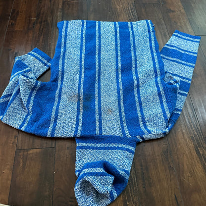VTG Mexican Poncho Baja Hoodie Surfer Skater Drug Rug Pullover Blue White L