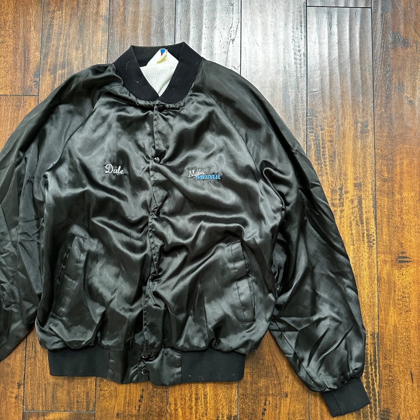 VTG 80s GTX Plymouth Satin Bomber Jacket USA West Ark Rare 90s White