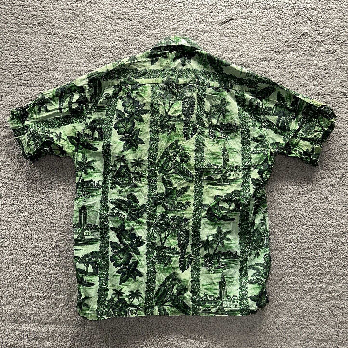 Vintage 50s Hawaiian Aloha Print Shirt Rockabilly Honolulu 60s Button USA Green