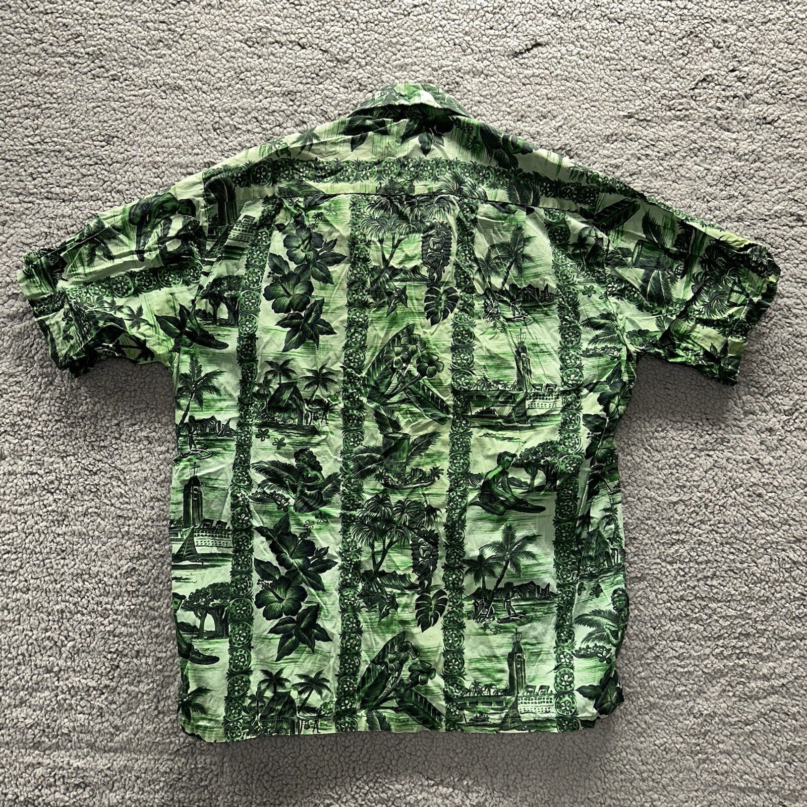 Vintage 50s Hawaiian Aloha Print Shirt Rockabilly Honolulu 60s Button USA Green