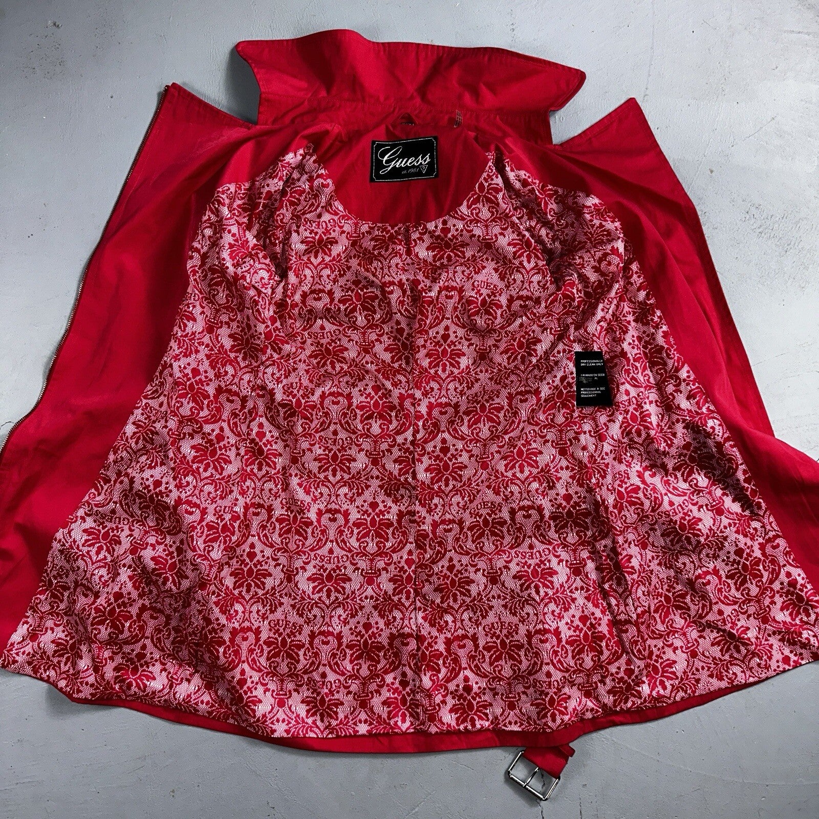 GUESS Pink Belted Peacoat Wmn Sz XS VTG Button Detail Zipper Trench Cute