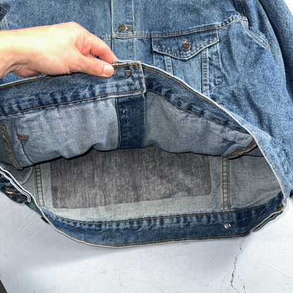 Crusin USA Cars Vintage 1980s Embossed Men's Denim Jacket Sz L Trucker Muscle