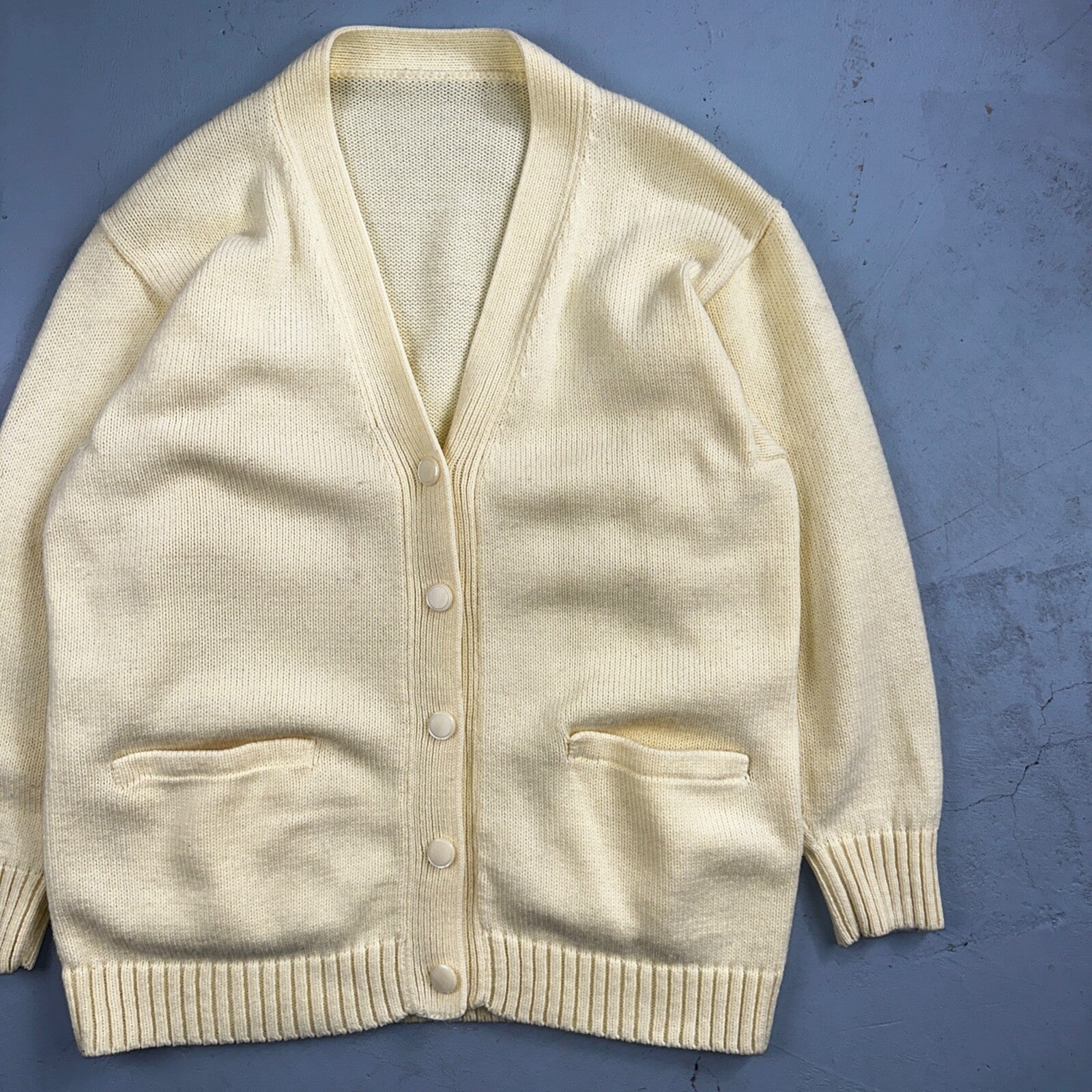 Vintage Yellow Knit Sweater Cardigan Womens 70s 80s Basic Cozy Essential Winter