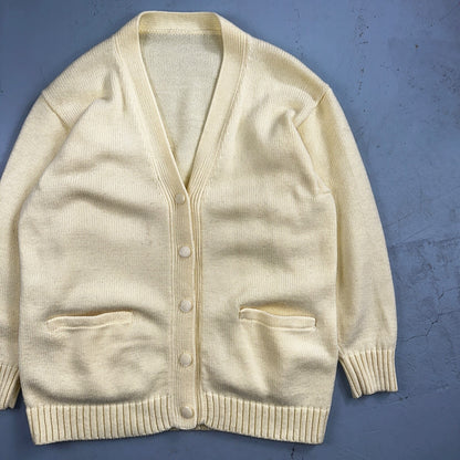 Vintage Yellow Knit Sweater Cardigan Womens 70s 80s Basic Cozy Essential Winter