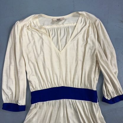 Vintage René Helga Howie Cream Midi Dress Blue Trim V-Neck 3/4 Sleeve Boho 70s
